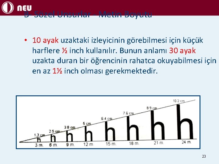 B- Sözel Unsurlar - Metin Boyutu • 10 ayak uzaktaki izleyicinin görebilmesi için küçük