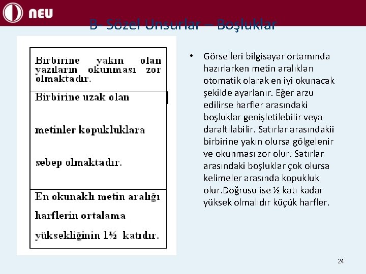 B- Sözel Unsurlar – Boşluklar • Görselleri bilgisayar ortamında hazırlarken metin aralıkları otomatik olarak