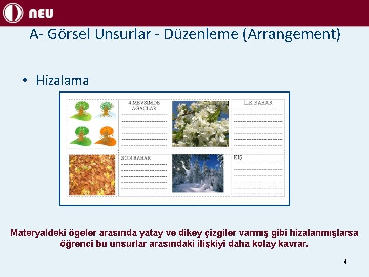 A- Görsel Unsurlar - Düzenleme (Arrangement) • Hizalama Materyaldeki öğeler arasında yatay ve dikey