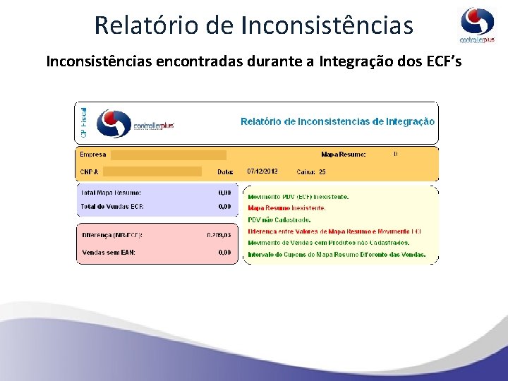 Relatório de Inconsistências encontradas durante a Integração dos ECF’s 