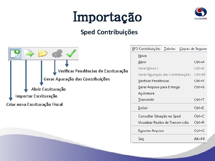 Importação Sped Contribuições Verificar Pendências de Escrituração Gerar Apuração das Contribuições Abrir Escrituração Importar