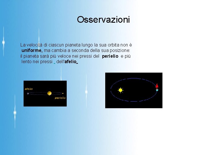 Osservazioni La velocità di ciascun pianeta lungo la sua orbita non è uniforme, ma