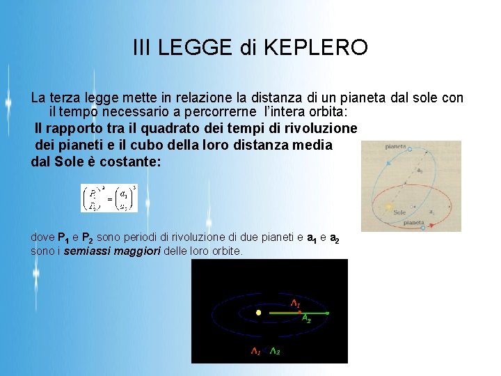 III LEGGE di KEPLERO La terza legge mette in relazione la distanza di un