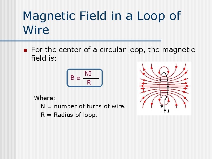 Magnetic Field in a Loop of Wire n For the center of a circular