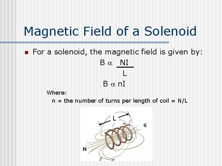 Magnetic Field of a Solenoid n For a solenoid, the magnetic field is given