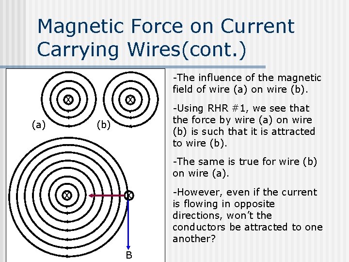 Magnetic Force on Current Carrying Wires(cont. ) x (a) x (b) -The influence of