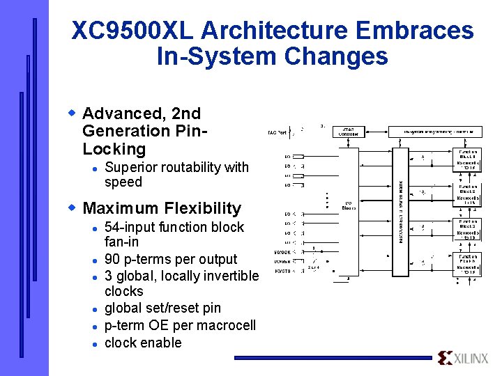 XC 9500 XL Architecture Embraces In-System Changes w Advanced, 2 nd Generation Pin. Locking