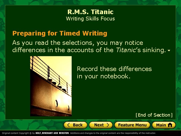 R. M. S. Titanic Writing Skills Focus Preparing for Timed Writing As you read