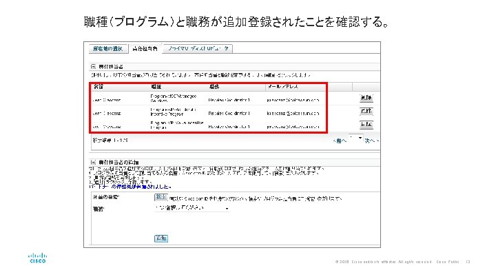 職種（プログラム）と職務が追加登録されたことを確認する。 © 2016 Cisco and/or its affiliates. All rights reserved. Cisco Public 13 