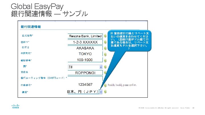 Global Easy. Pay 銀行関連情報 ― サンプル © 2016 Cisco and/or its affiliates. All rights