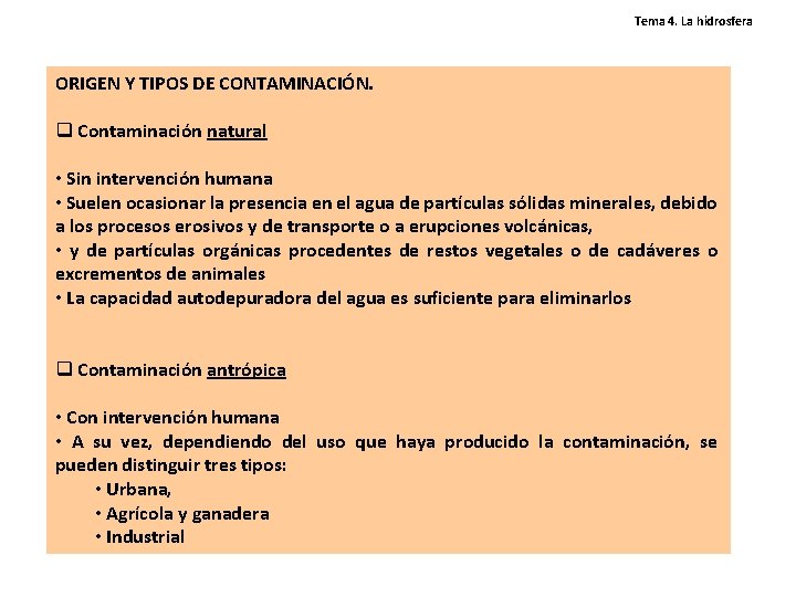 Tema 4. La hidrosfera ORIGEN Y TIPOS DE CONTAMINACIÓN. q Contaminación natural • Sin Tema 4. La hidrosfera ORIGEN Y TIPOS DE CONTAMINACIÓN. q Contaminación natural • Sin