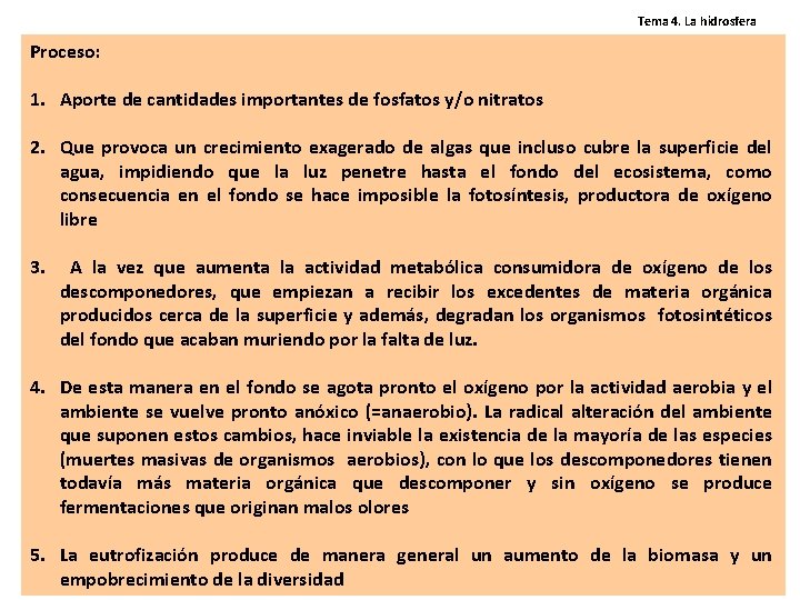 Tema 4. La hidrosfera Proceso: 1. Aporte de cantidades importantes de fosfatos y/o nitratos Tema 4. La hidrosfera Proceso: 1. Aporte de cantidades importantes de fosfatos y/o nitratos