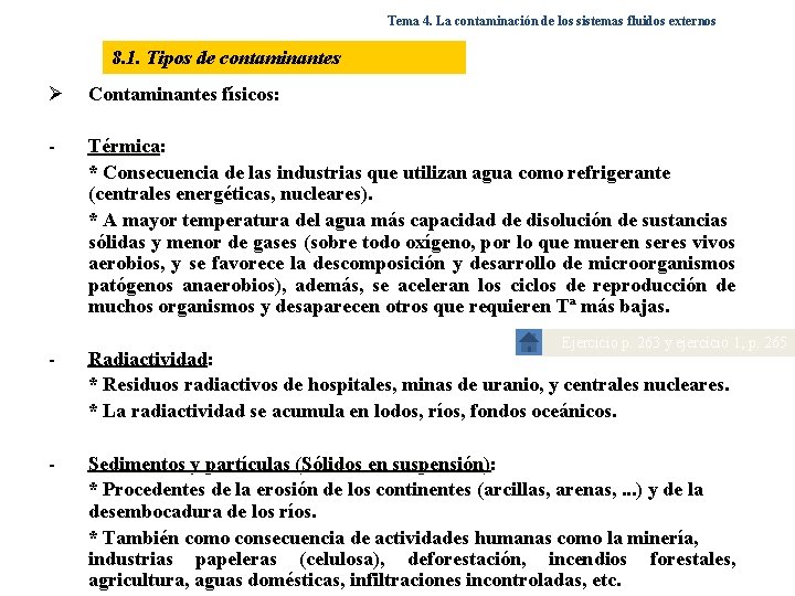 Tema 4. La contaminación de los sistemas fluidos externos 8. 1. Tipos de contaminantes Tema 4. La contaminación de los sistemas fluidos externos 8. 1. Tipos de contaminantes