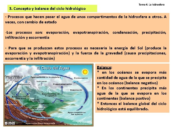 3. Concepto y balance del ciclo hidrológico Tema 4. La hidrosfera - Procesos que 3. Concepto y balance del ciclo hidrológico Tema 4. La hidrosfera - Procesos que