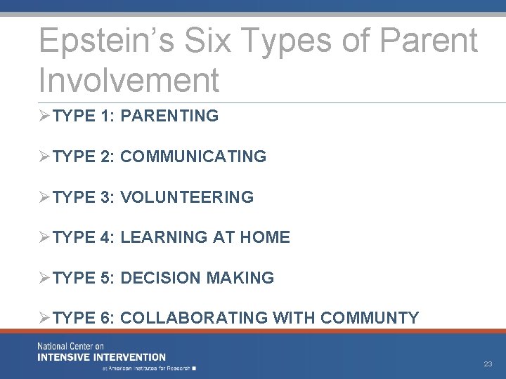 Epstein’s Six Types of Parent Involvement ØTYPE 1: PARENTING ØTYPE 2: COMMUNICATING ØTYPE 3: Epstein’s Six Types of Parent Involvement ØTYPE 1: PARENTING ØTYPE 2: COMMUNICATING ØTYPE 3: