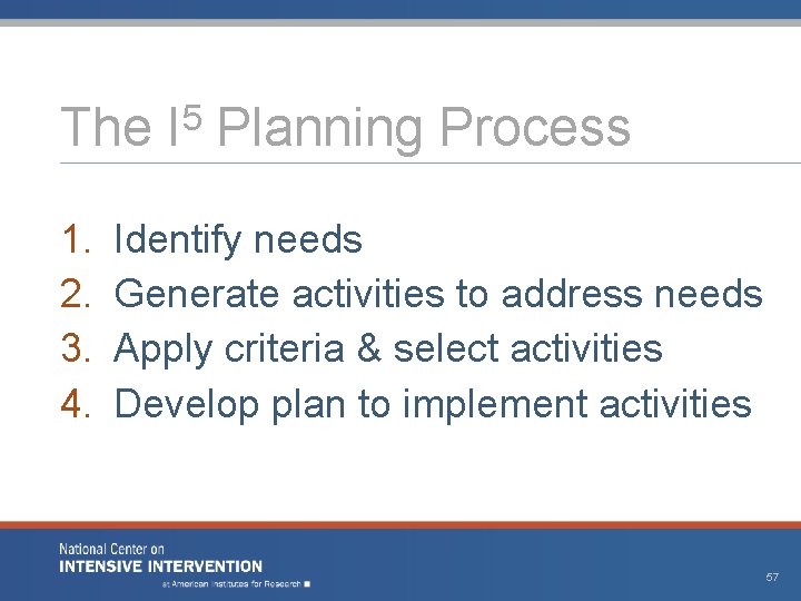 The I 5 Planning Process 1. 2. 3. 4. Identify needs Generate activities to The I 5 Planning Process 1. 2. 3. 4. Identify needs Generate activities to