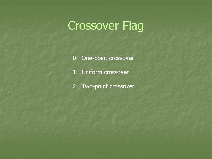 Crossover Flag 0: One-point crossover 1: Uniform crossover 2: Two-point crossover 