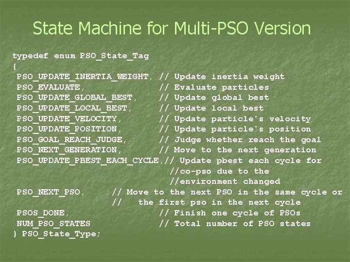 State Machine for Multi-PSO Version typedef enum PSO_State_Tag { PSO_UPDATE_INERTIA_WEIGHT, // Update inertia weight