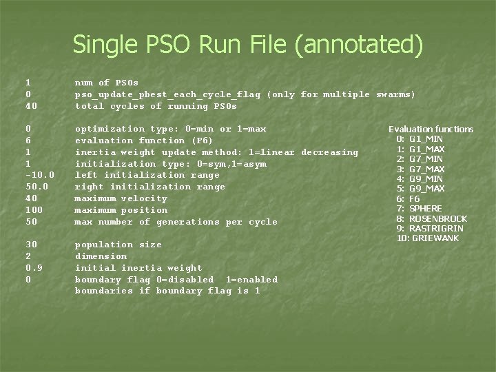 Single PSO Run File (annotated) 1 0 40 num of PSOs pso_update_pbest_each_cycle_flag (only for