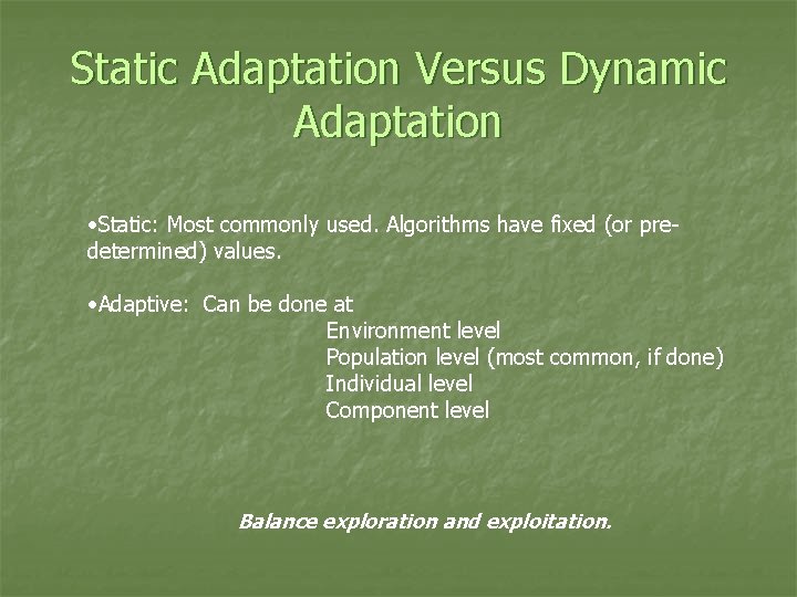 Static Adaptation Versus Dynamic Adaptation • Static: Most commonly used. Algorithms have fixed (or