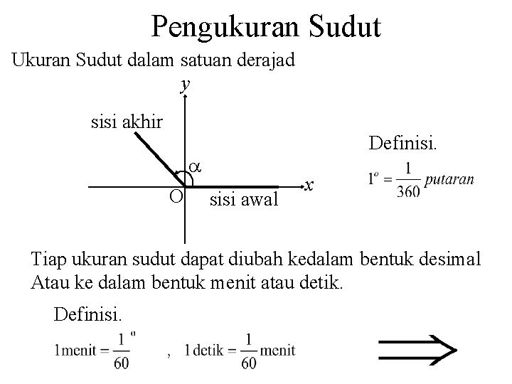 Pengukuran Sudut Ukuran Sudut dalam satuan derajad y sisi akhir Definisi. O sisi awal