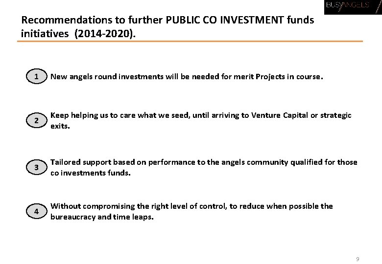 Recommendations to further PUBLIC CO INVESTMENT funds initiatives (2014 -2020). 1 New angels round
