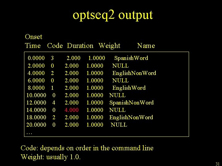 optseq 2 output Onset Time Code Duration Weight 0. 0000 2. 0000 4. 0000