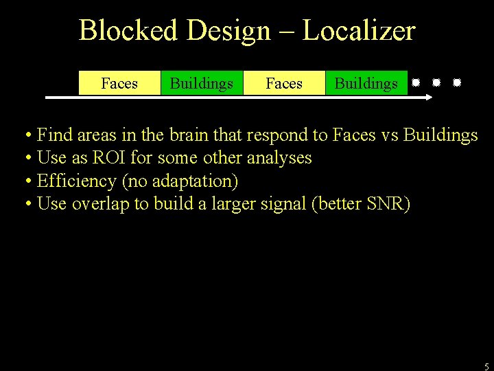 Blocked Design – Localizer Faces Buildings • Find areas in the brain that respond