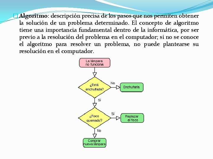 � Algoritmo: descripción precisa de los pasos que nos permiten obtener la solución de