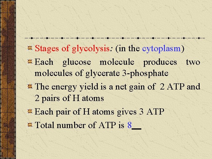 Stages of glycolysis: (in the cytoplasm) Each glucose molecule produces two molecules of glycerate Stages of glycolysis: (in the cytoplasm) Each glucose molecule produces two molecules of glycerate