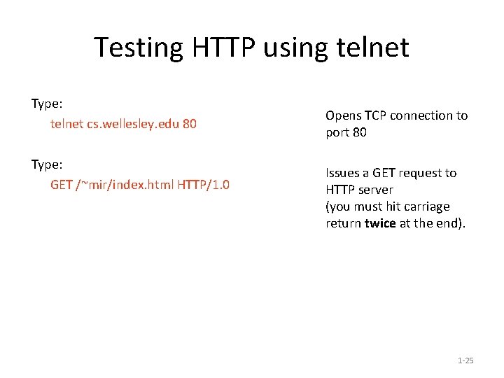 Testing HTTP using telnet Type: telnet cs. wellesley. edu 80 Type: GET /~mir/index. html