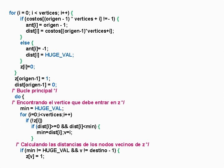 for (i = 0; i < vertices; i++) { if (costos[(origen - 1) *