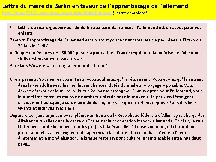 Lettre du maire de Berlin en faveur de l’apprentissage de l’allemand http: //aape 77127.