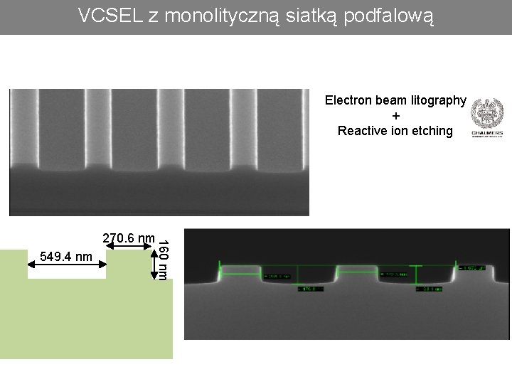 Mirror reflectance VCSEL z monolityczną siatką podfalową 42 Electron beam litography + Reactive ion