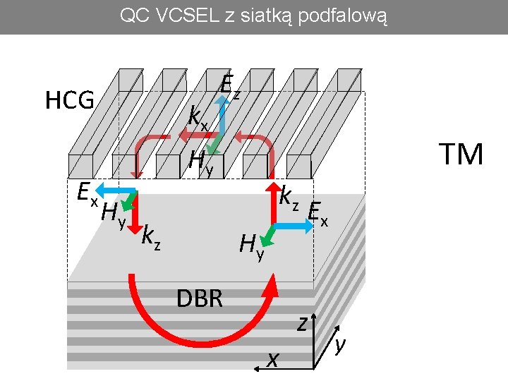 QC VCSEL z siatką podfalową HCG Ex kx Ez TM Hy Hy kz kz