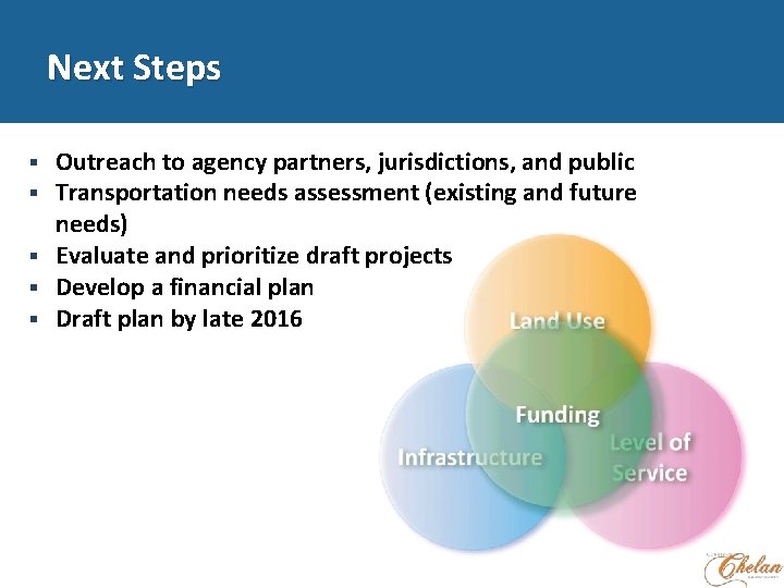 Next Steps Outreach to agency partners, jurisdictions, and public Transportation needs assessment (existing and