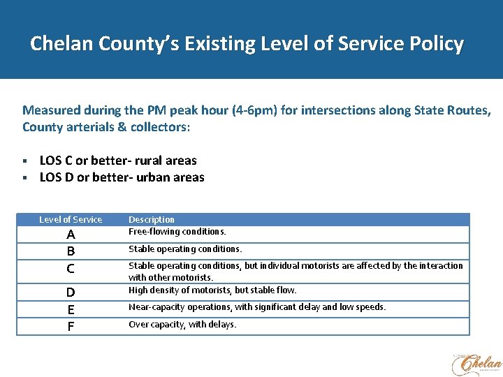 Chelan County’s Existing Level of Service Policy Measured during the PM peak hour (4