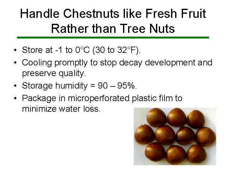 Handle Chestnuts like Fresh Fruit Rather than Tree Nuts • Store at -1 to