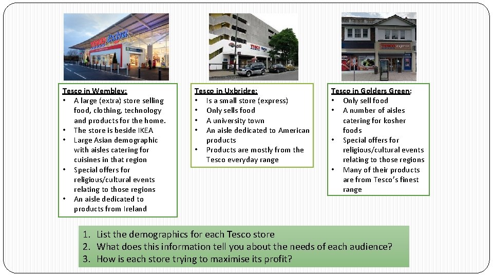 Tesco in Wembley: • A large (extra) store selling food, clothing, technology and products
