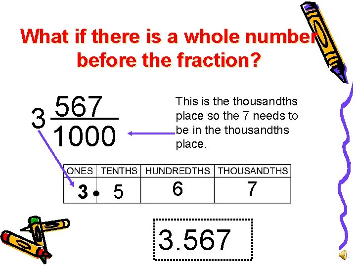 What if there is a whole number before the fraction? 567 3 1000 3