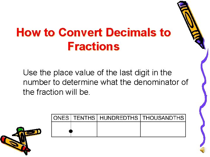 How to Convert Decimals to Fractions Use the place value of the last digit