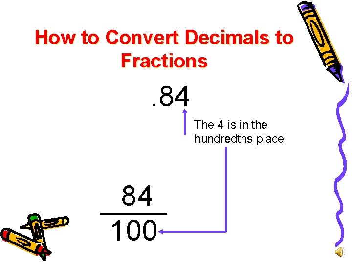 How to Convert Decimals to Fractions . 84 The 4 is in the hundredths