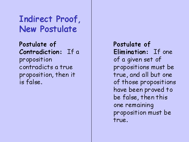 Indirect Proof, New Postulate of Contradiction: If a proposition contradicts a true proposition, then