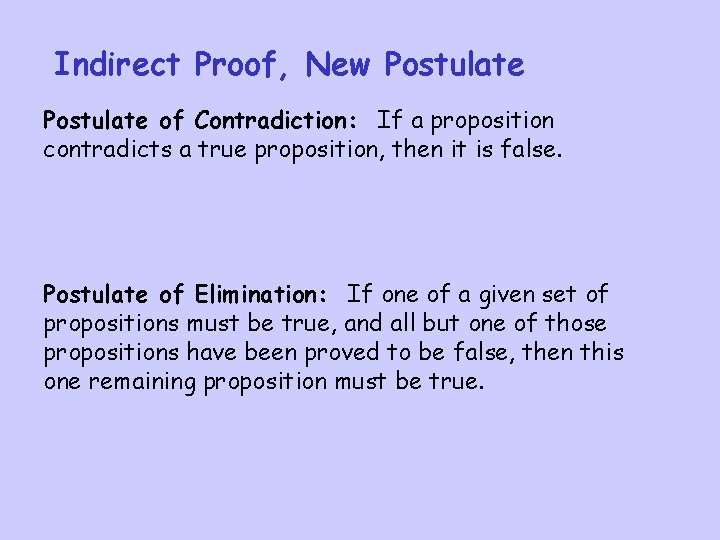 Indirect Proof, New Postulate of Contradiction: If a proposition contradicts a true proposition, then