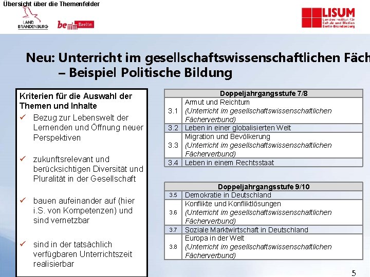 Übersicht über die Themenfelder Neu: Unterricht im gesellschaftswissenschaftlichen Fäch – Beispiel Politische Bildung Kriterien