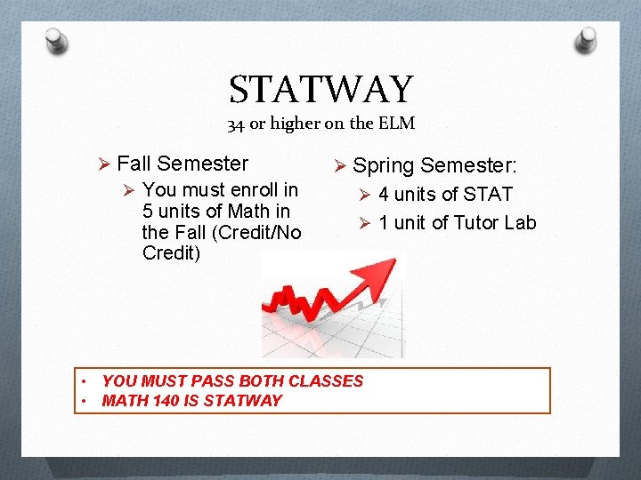 STATWAY 34 or higher on the ELM Ø Fall Semester Ø You must enroll