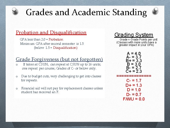 Grades and Academic Standing Probation and Disqualification GPA less than 2. 0 = Probation