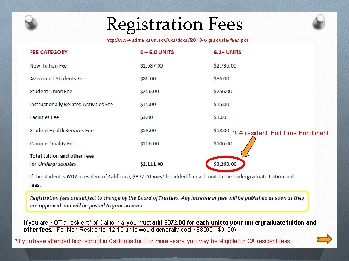 Registration Fees http: //www-admn. csun. edu/ucs/docs/f 2013 -u-graduate-fees. pdf *CA resident, Full Time Enrollment