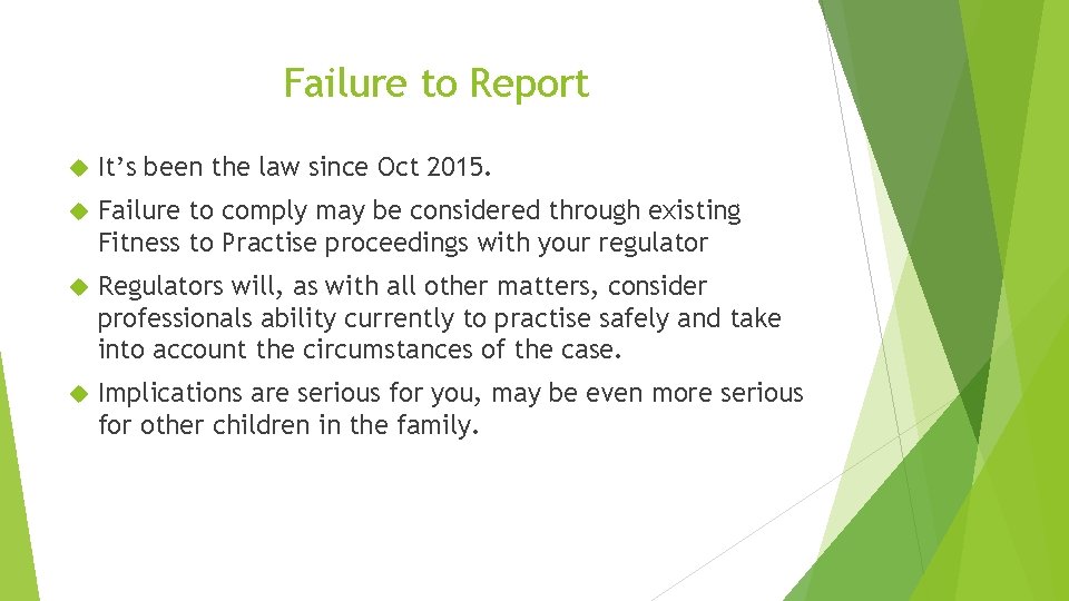 Failure to Report It’s been the law since Oct 2015. Failure to comply may