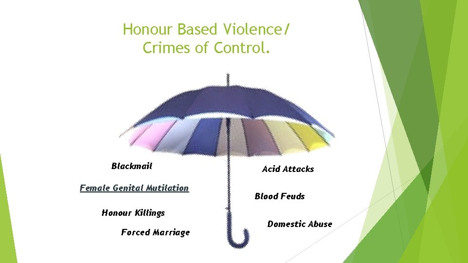 Honour Based Violence/ Crimes of Control. Blackmail Female Genital Mutilation Acid Attacks Blood Feuds